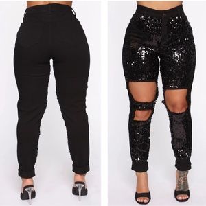 Black sequin boyfriend jeans